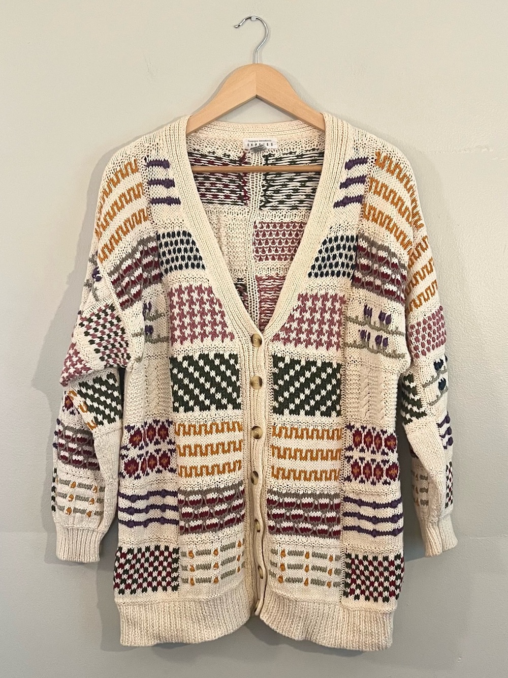 Vintage 90’s Express patchwork geometric pattern cardigan Cottagecore grandma